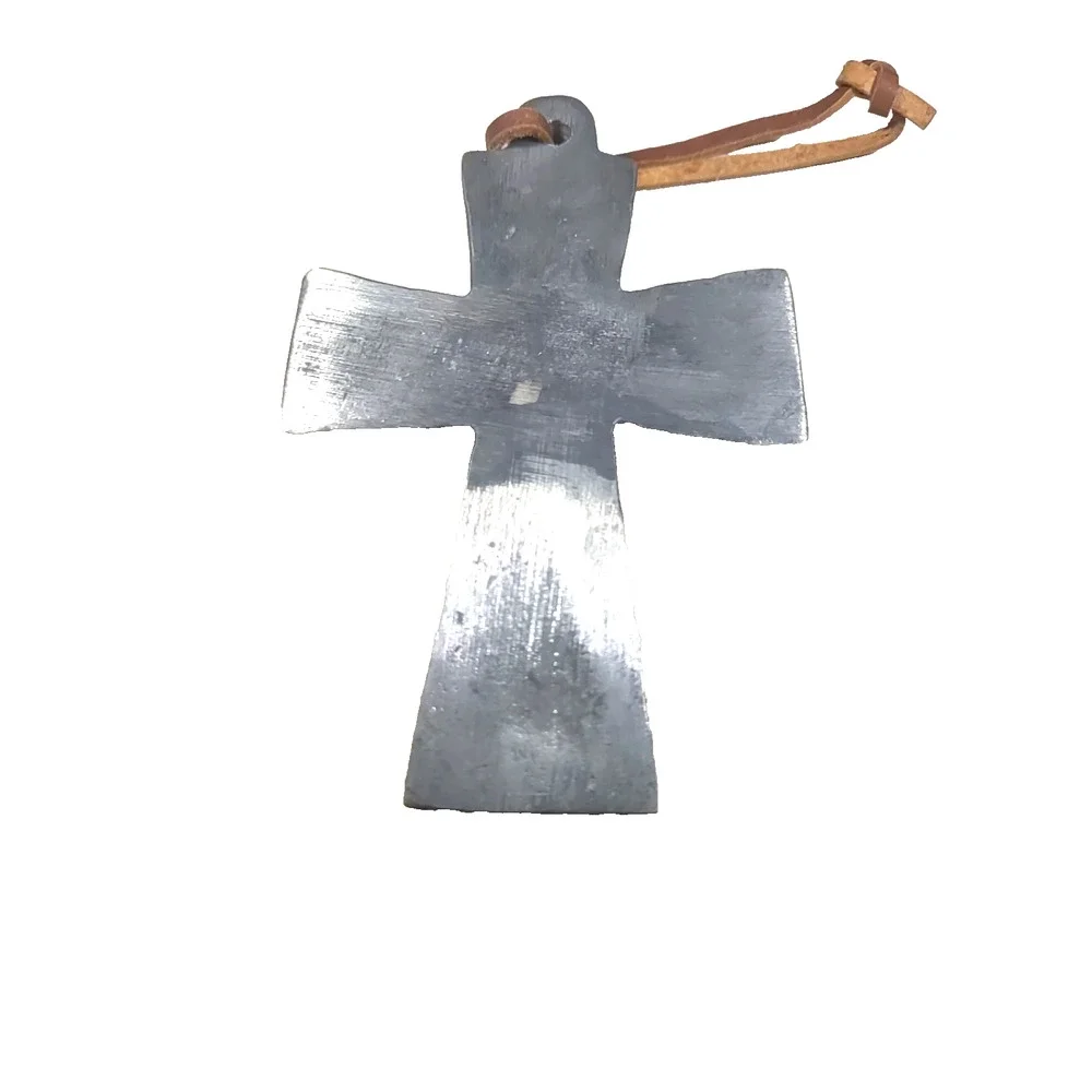 Large Heavy Solid Metal Silver Tone Cross Brutalist Leather Strap